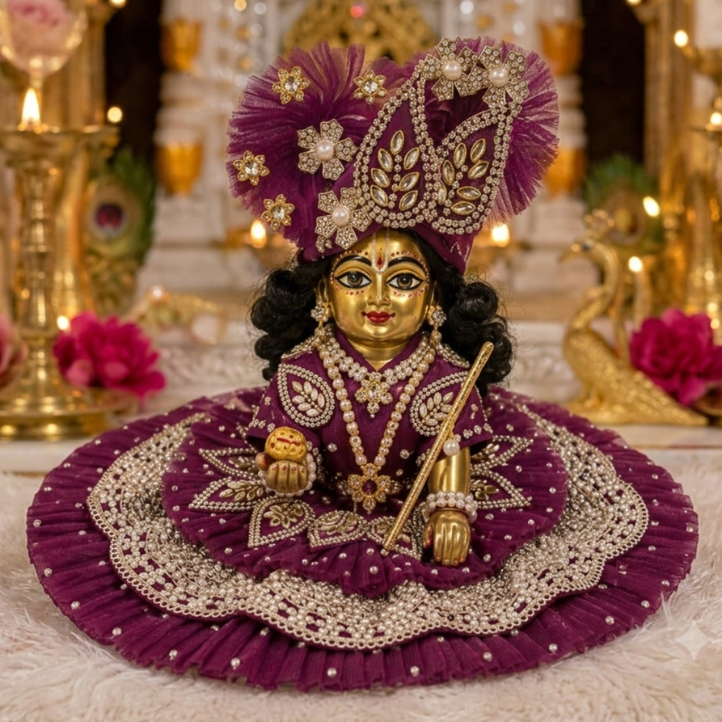 Bhavyaam Rajbhog Kamal Vaibhav handcrafted wine magenta velvet Laddu Gopal Ji poshak with pearl, kundan and stone work and matching designer Mukut for Janmashtami and Rajbhog seva.