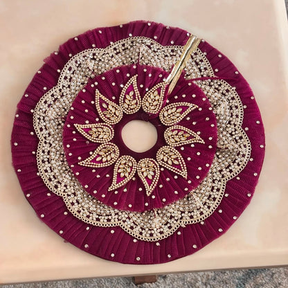Bhavyaam Rajbhog Kamal Vaibhav handcrafted wine magenta velvet Laddu Gopal Ji poshak with pearl, kundan and stone work and matching designer Mukut for Janmashtami and Rajbhog seva.
