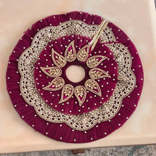 Bhavyaam Rajbhog Kamal Vaibhav handcrafted wine magenta velvet Laddu Gopal Ji poshak with pearl, kundan and stone work and matching designer Mukut for Janmashtami and Rajbhog seva.