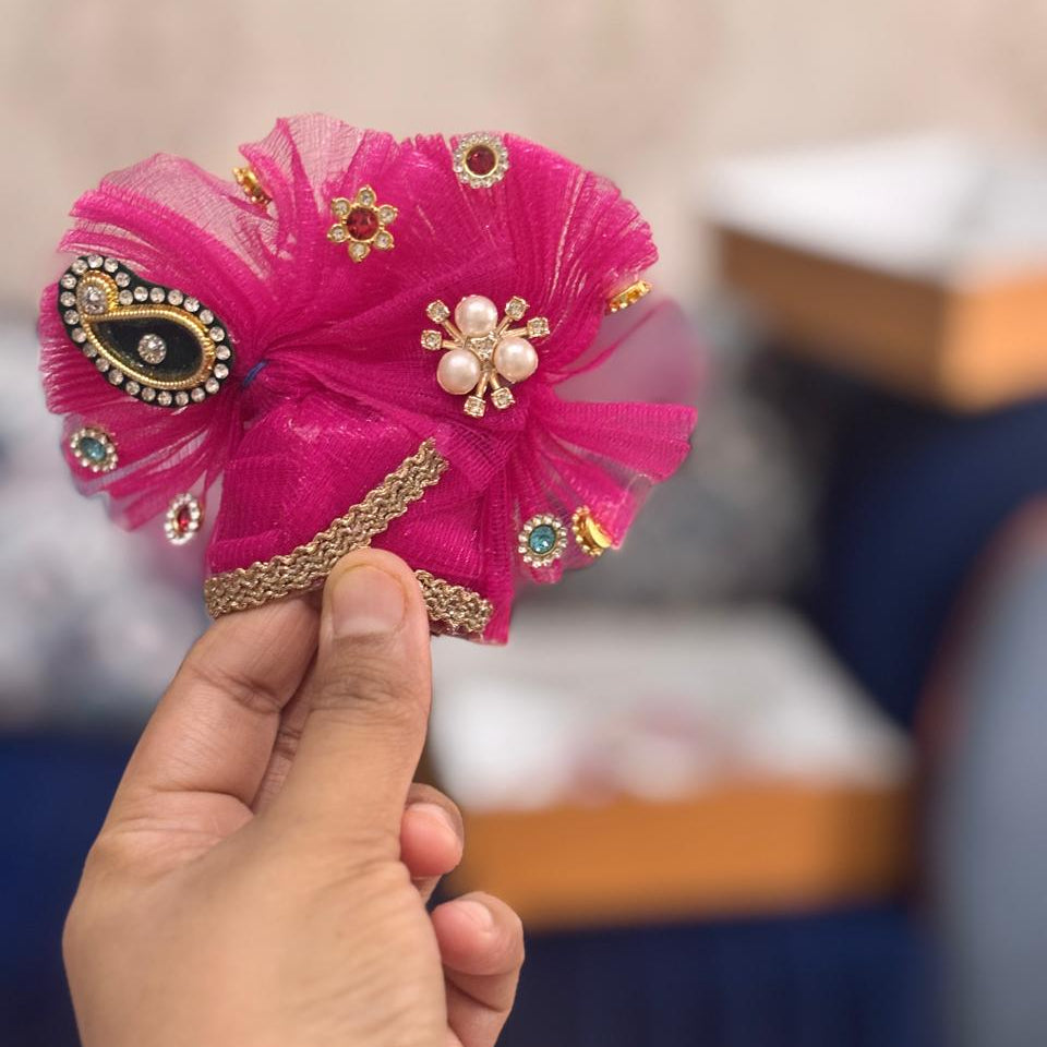 Bhavyaam Rangras Rajsi handcrafted rani pink Laddu Gopal Ji poshak with pearl, kundan and paisley detailing and matching designer Mukut for Janmashtami, Radhashtami and Rajbhog seva.