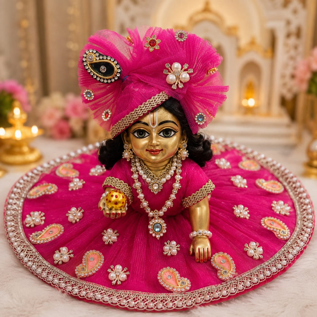 Bhavyaam Rangras Rajsi handcrafted rani pink Laddu Gopal Ji poshak with pearl, kundan and paisley detailing and matching designer Mukut for Janmashtami, Radhashtami and Rajbhog seva