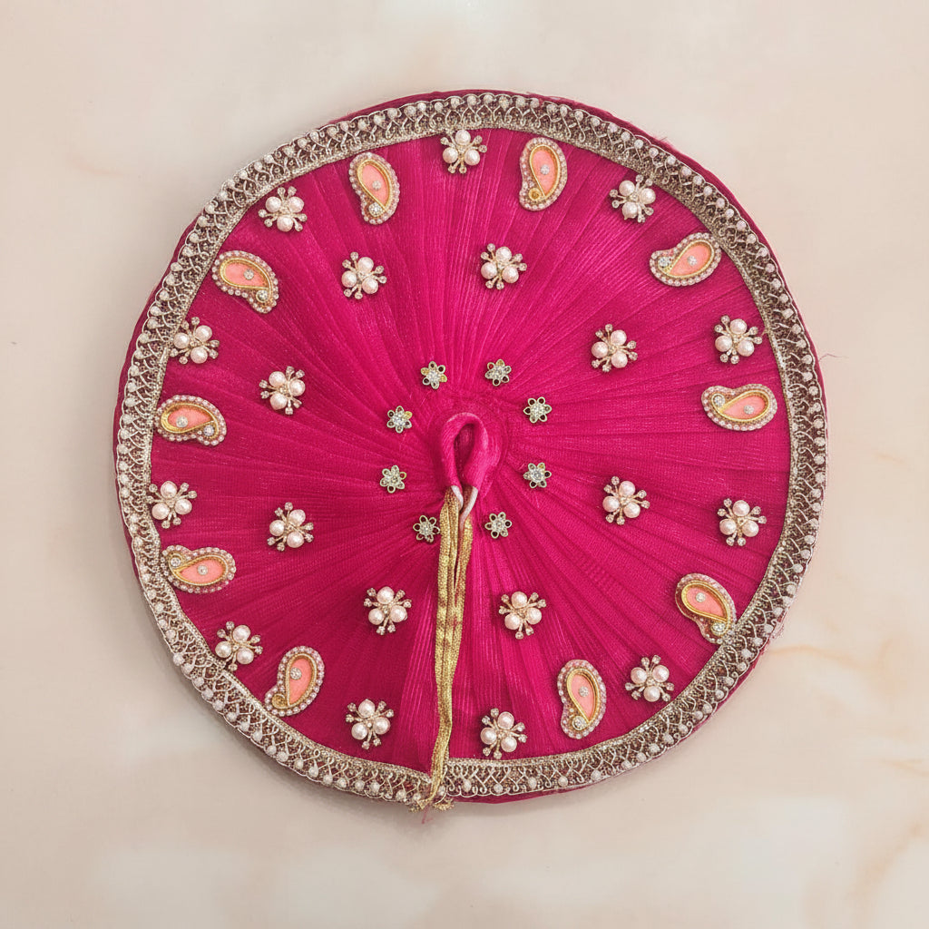 Bhavyaam Rangras Rajsi handcrafted rani pink Laddu Gopal Ji poshak with pearl, kundan and paisley detailing and matching designer Mukut for Janmashtami, Radhashtami and Rajbhog seva.