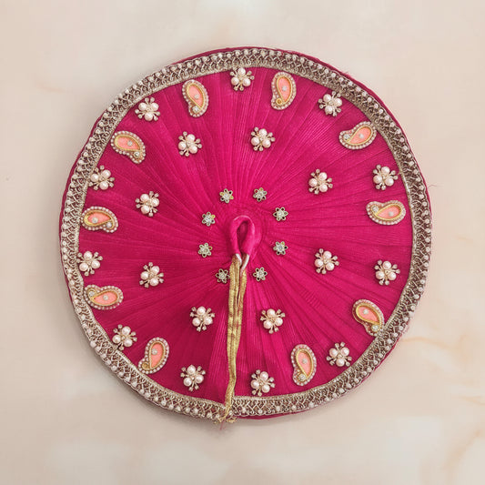 Bhavyaam Rangras Rajsi handcrafted rani pink Laddu Gopal Ji poshak with pearl, kundan and paisley detailing and matching designer Mukut for Janmashtami, Radhashtami and Rajbhog seva.