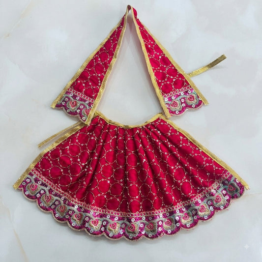 Bhavyaam handcrafted Rani pink Mata Rani lehenga patka set with golden zari, sequin circles, and scalloped floral border for Navratri and Devi shringar.