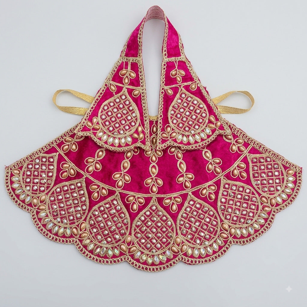 Bhavyaam handcrafted Rani Swarna magenta pink Mata Rani lehenga patka set with golden teardrop beads and scalloped rhinestone kalash motifs for Navratri and Durga Puja.