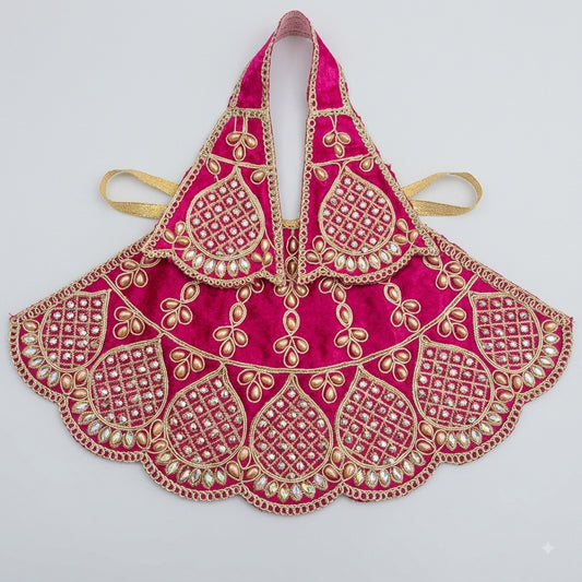 Bhavyaam handcrafted Rani Swarna magenta pink Mata Rani lehenga patka set with golden teardrop beads and scalloped rhinestone kalash motifs for Navratri and Durga Puja.