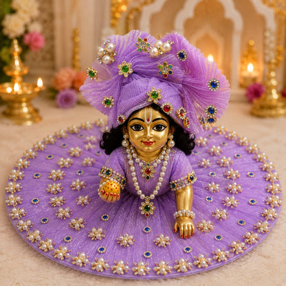 Bhavyaam Ratnavali Lavanya handcrafted lavender Laddu Gopal Ji poshak with pearl floral work, multicolor kundan detailing and matching designer Mukut for Radhashtami, Sharad Purnima and Janmashtami.