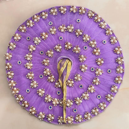 Bhavyaam Ratnavali Lavanya handcrafted lavender Laddu Gopal Ji poshak with pearl floral work, multicolor kundan detailing and matching designer Mukut for Radhashtami, Sharad Purnima and Janmashtami.