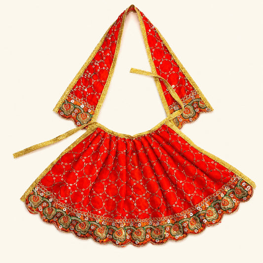 Bhavyaam handcrafted crimson red Mata Rani lehenga patka set with golden zari embroidery, sequin circles, and scalloped floral border for Navratri and Devi shringar.