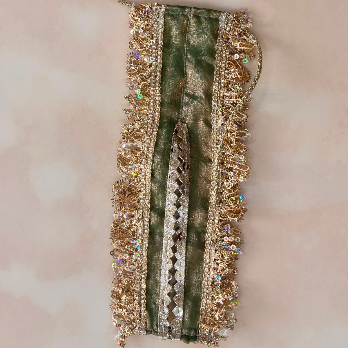 Bhavyaam Shyam Vatika handcrafted sage green Laddu Gopal Ji poshak with antique embroidery, sequin lace border