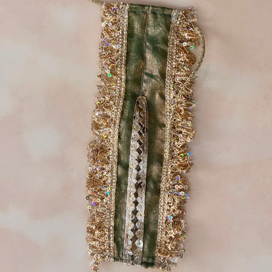 Bhavyaam Shyam Vatika handcrafted sage green Laddu Gopal Ji poshak with antique embroidery, sequin lace border