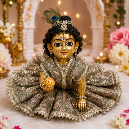 Bhavyaam Shyam Vatika handcrafted sage green Laddu Gopal Ji poshak with antique embroidery, sequin lace border and Morpankh-inspired designer Mukut.