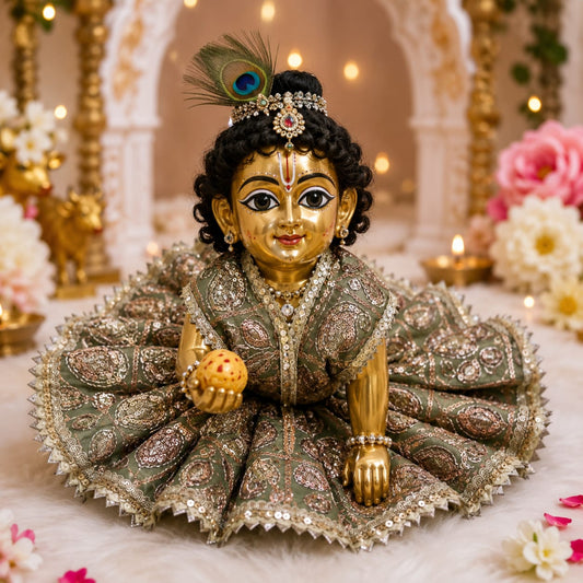 Bhavyaam Shyam Vatika handcrafted sage green Laddu Gopal Ji poshak with antique embroidery, sequin lace border and Morpankh-inspired designer Mukut.