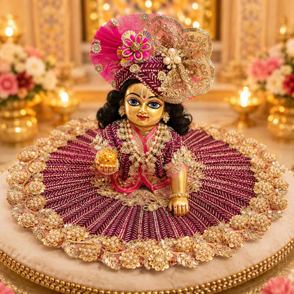 Handcrafted wine pearl Laddu Gopal Ji Poshak with designer Mukut by Bhavyaam featuring royal embroidery and premium Shringar.