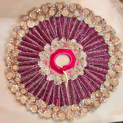Handcrafted wine pearl Laddu Gopal Ji Poshak with designer Mukut by Bhavyaam featuring royal embroidery and premium Shringar.