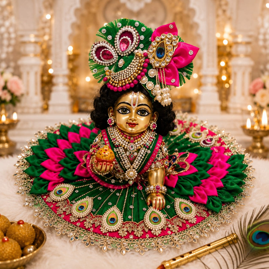 Handcrafted emerald green and pink Morpankh Rajsi Laddu Gopal Ji Poshak with designer Mukut featuring peacock feather embroidery, pearl work and premium Shringar by Bhavyaam.
