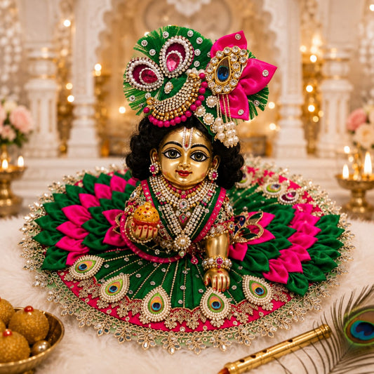 Handcrafted emerald green and pink Morpankh Rajsi Laddu Gopal Ji Poshak with designer Mukut featuring peacock feather embroidery, pearl work and premium Shringar by Bhavyaam.