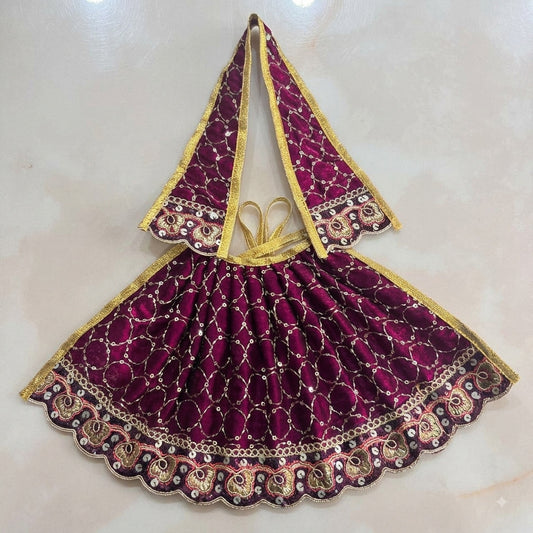 Bhavyaam handcrafted royal wine magenta Mata Rani lehenga patka set with golden zari embroidery, sequin circles, and scalloped floral border for Navratri and Devi shringar.