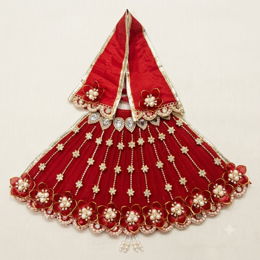 Divine Red Pearl & Crystal Floral Shringar Lehenga Patka Set