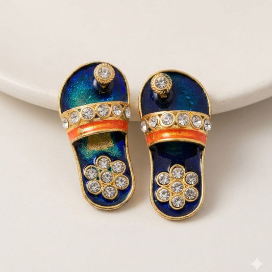 Designer emerald and ruby-red enamel charan paduka for Ladoo Gopal Ji with crystal floral embellishments