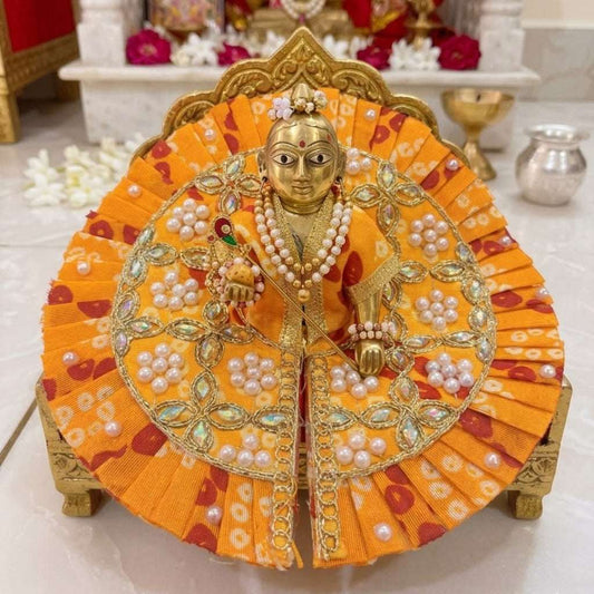Premium Yellow Bandhani Laddu Gopal Dress with Pearl and Zari Work