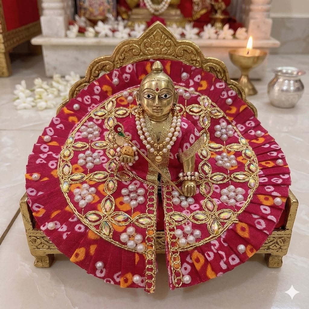 Premium Pink Bandhani Laddu Gopal Dress with Pearl and Zari Work
