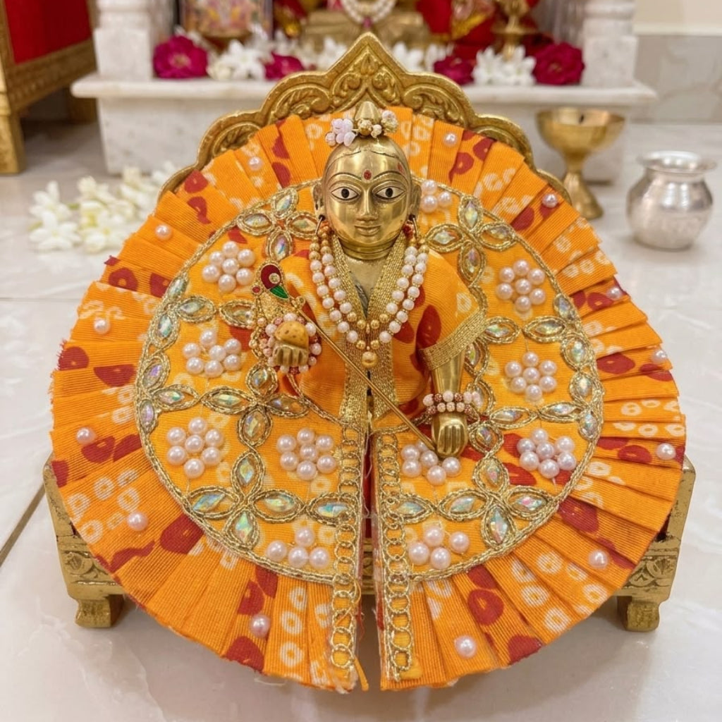 Premium Yellow Bandhani Laddu Gopal Dress with Pearl and Zari Work