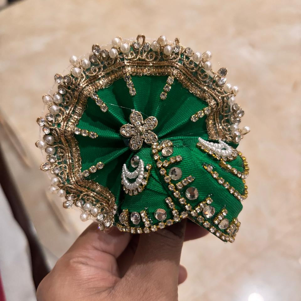 Harita Green Moti-Mukut Pearl & Stone Designer Pagdi for Laddu Gopal