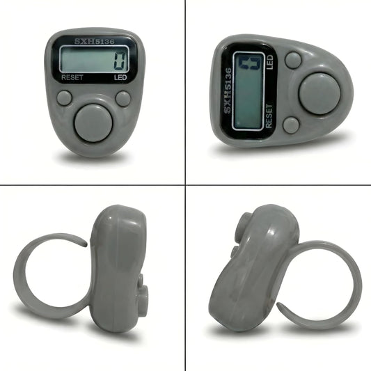 Gray digital pedometer with a digital display and reset button, shown from multiple angles on a white background.