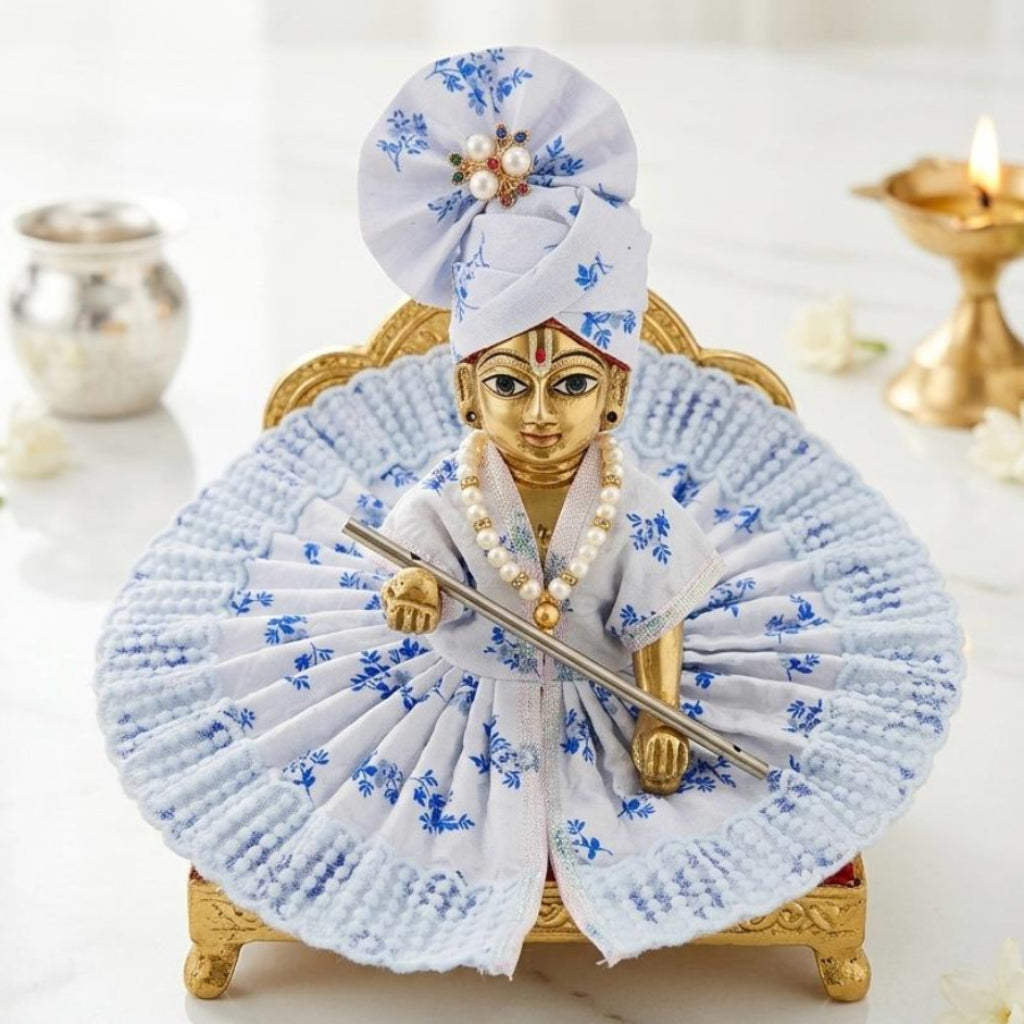 Kunj Vihar White and Blue Floral Cotton Laddu Gopal Dress with Matching Mukut Poshak Set