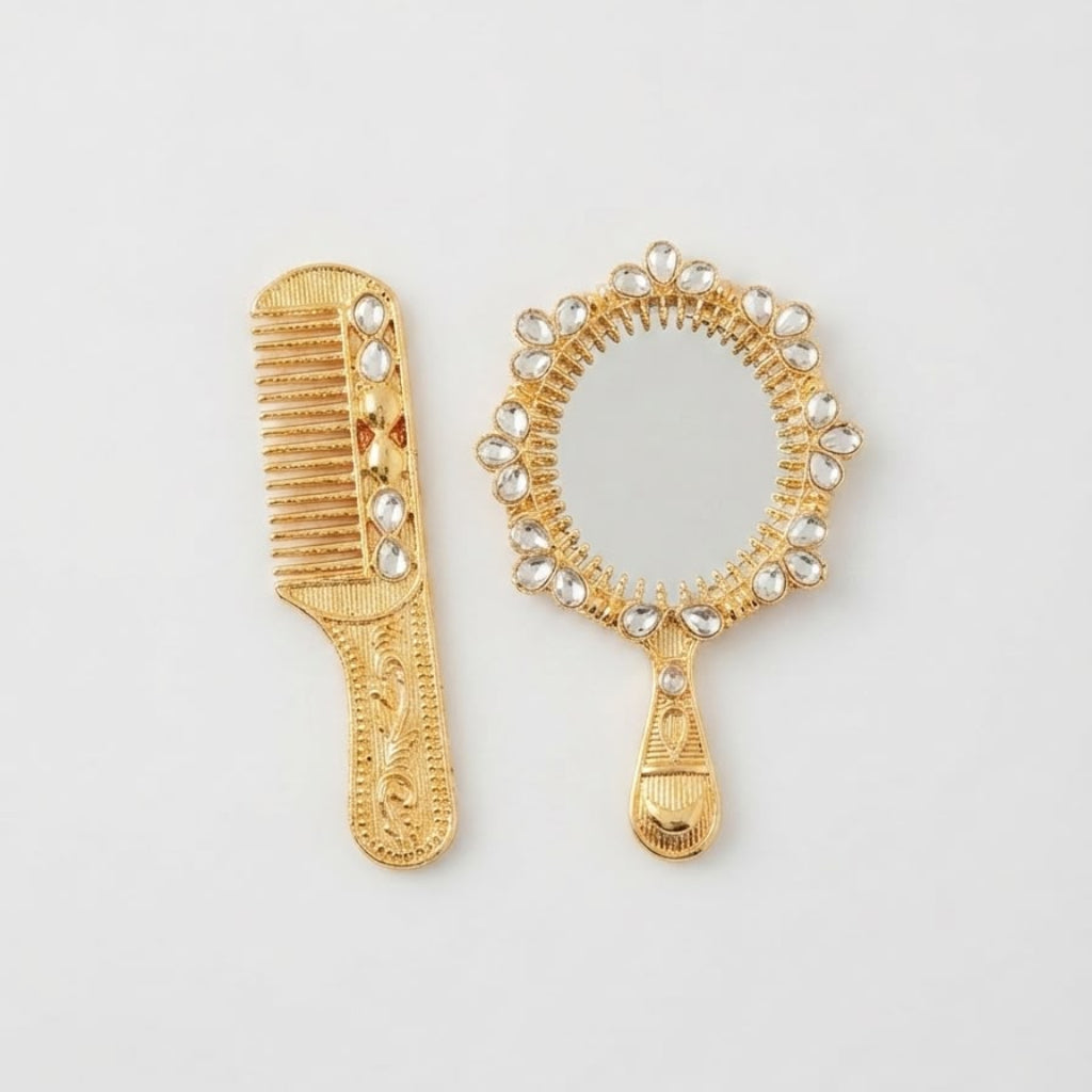 Ornate gold-finish mirror and comb set for Ladoo Gopal Ji deity accessory.