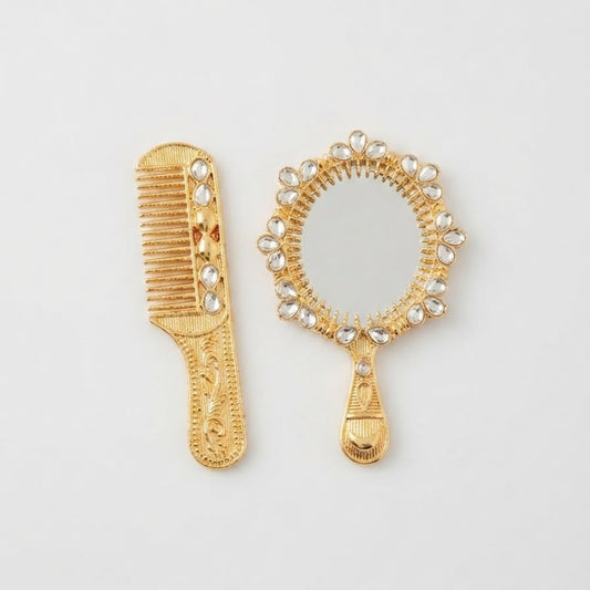 Ornate gold-finish mirror and comb set for Ladoo Gopal Ji deity accessory.