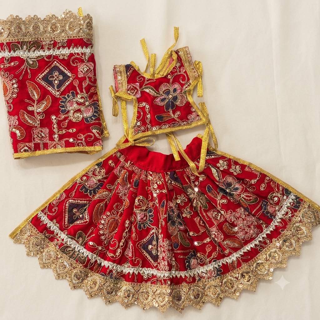 Lal Red Rang-Kriti Resham Durga Lehenga Chunri Set