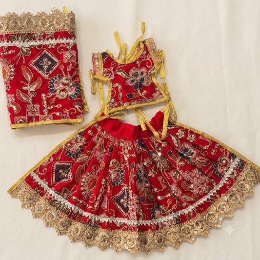 Lal Red Rang-Kriti Resham Durga Lehenga Chunri Set