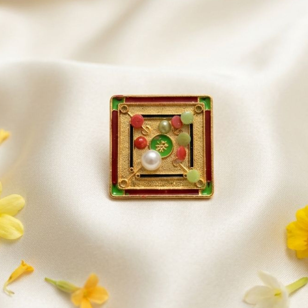 Leela Carrom Board miniature game accessory for Ladoo Gopal Ji, featuring gold-tone finish, enamel detailing, and pearl accents