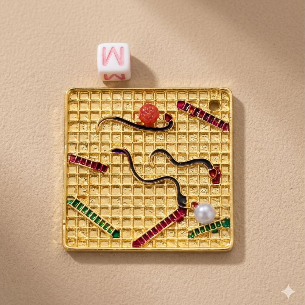 eela Khel Board featuring a miniature Snakes & Ladders design for Ladoo Gopal Ji, with gold-tone finish and enamel stone details
