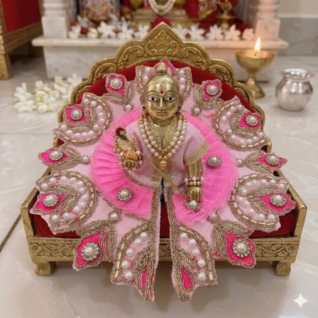 Madhur Vrinda Chandrika Pink Laddu Gopal Dress with Pearl Scallop Border and Neon Pink Pleated Collar