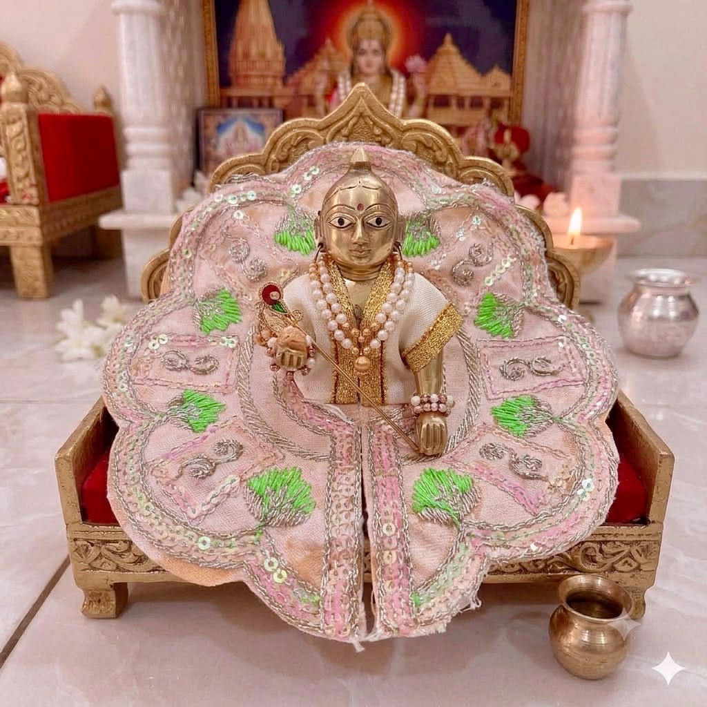 Premium Cream Ivory Laddu Gopal Dress with Parrot Green Silk Stitch Details