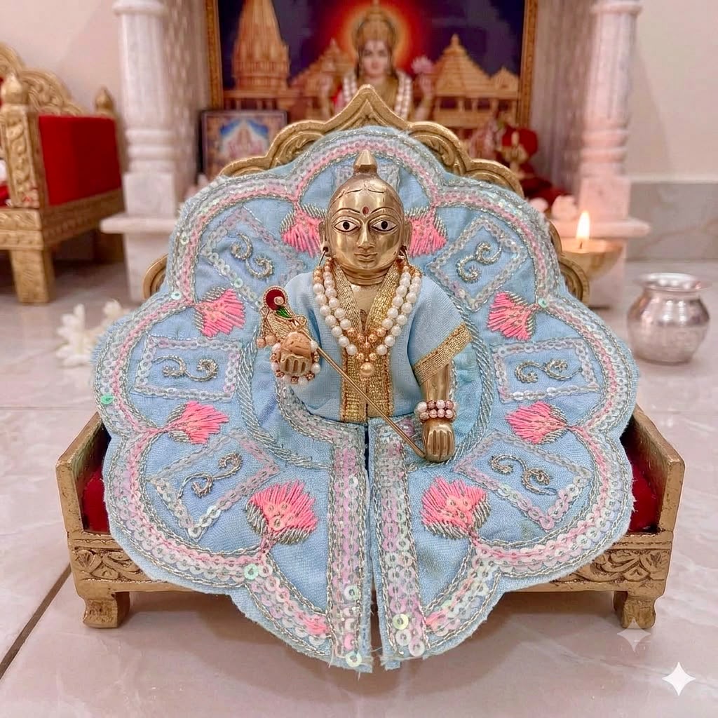 Sky Blue Scalloped Lotus Petal Dress for Bal Gopal with Pink Embroidery