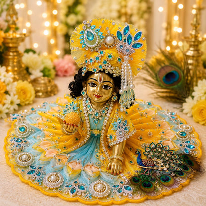 Handcrafted peacock-themed designer dress and matching crown for Ladoo Gopal Ji, featuring blue and yellow petal layers and teal crystal accents.