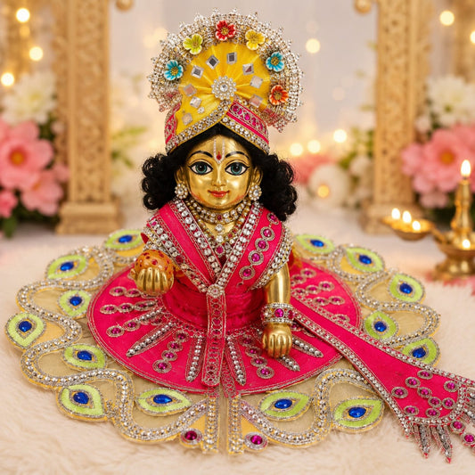 Handcrafted fuchsia pink designer dress and matching yellow crown for Ladoo Gopal Ji, featuring peacock-plume borders and blue gemstone accents.