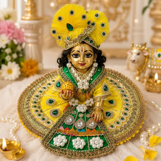 Handcrafted sunny yellow and emerald green designer dress and matching fan-shaped crown for Ladoo Gopal Ji, featuring pearl flowers and gemstones.