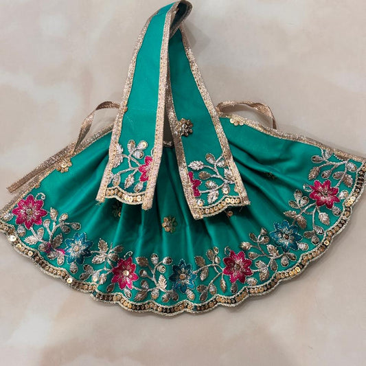 Mayur Teal Pushpa Vatika Zari & Sequin Embroidered Mata Rani Lehenga Patka Set