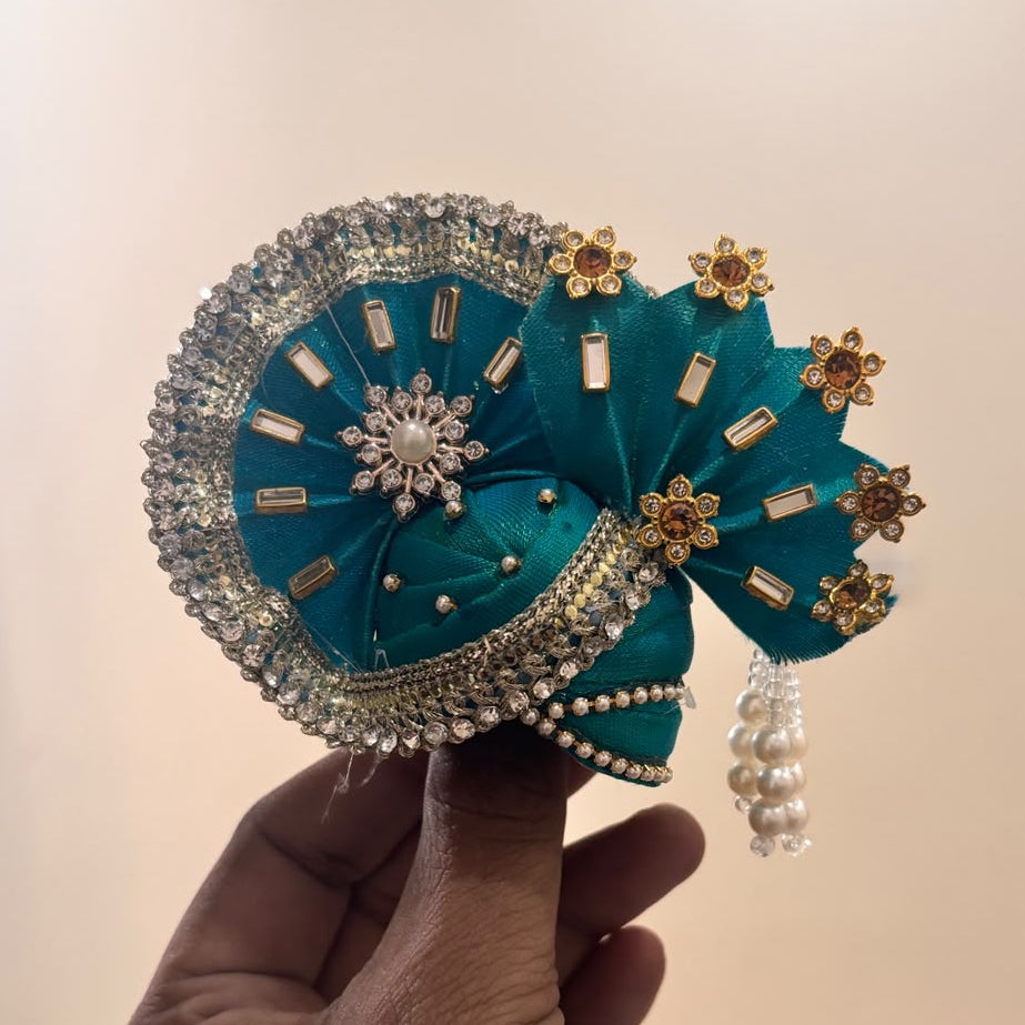 Mayur Teal Moti-Latkan Sunburst Designer Pagdi for Laddu Gopal
