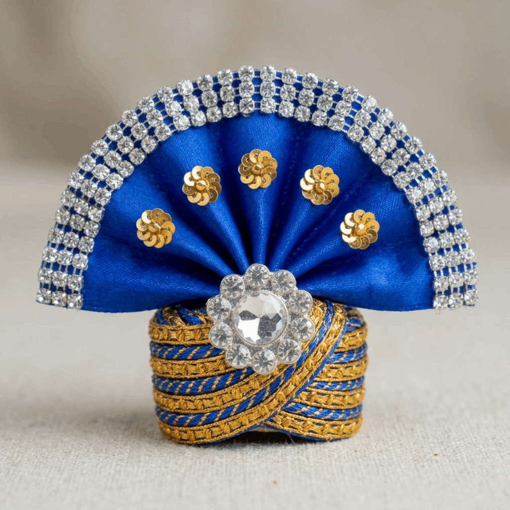 Decorative blue and gold item with crystals on a neutral background