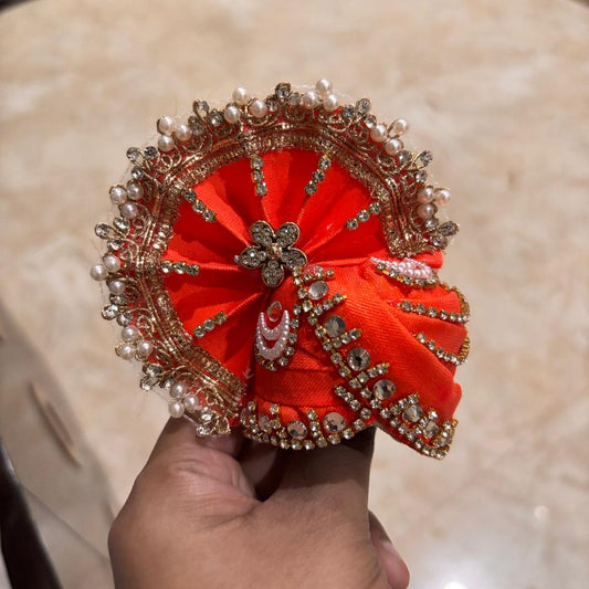 Narangi Orange Moti-Mukut Pearl & Stone Designer Pagdi for Laddu Gopal
