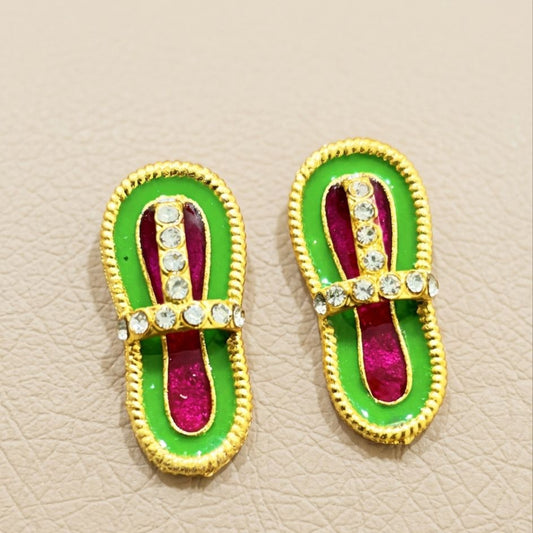 Navrang lime green and fuchsia designer charan paduka for Ladoo Gopal Ji with crystal-embellished straps