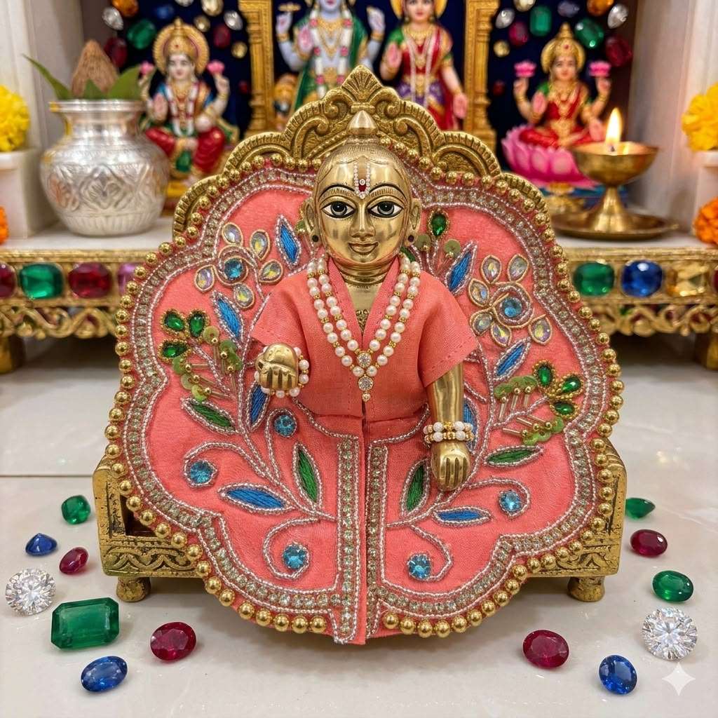 Decorative idol in a pink and gold outfit with gemstones on a white surface.