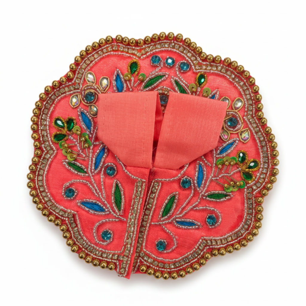Decorative pink pouch with floral patterns and embellishments on a white surface.