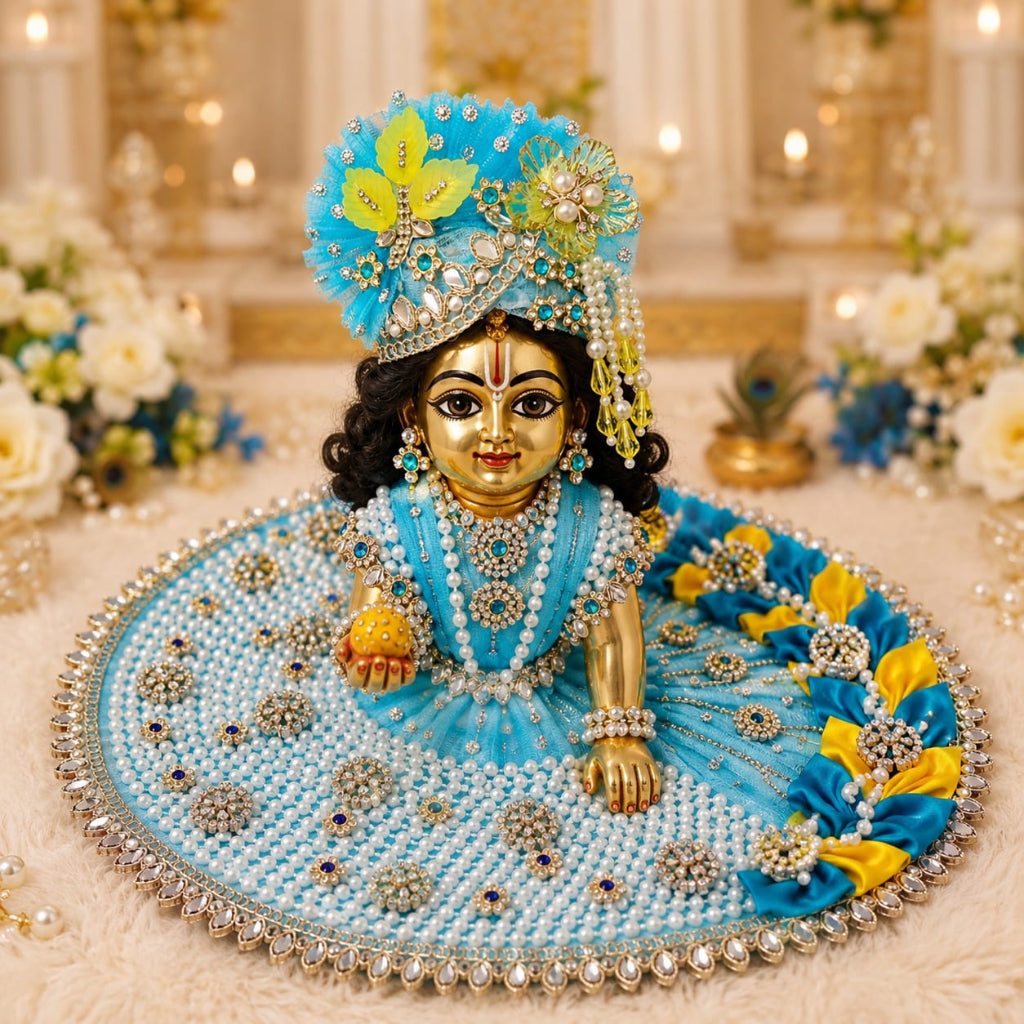 Handcrafted sky-blue and yellow designer dress and matching crown for Ladoo Gopal Ji, featuring pearl work and intricate petal detailing.